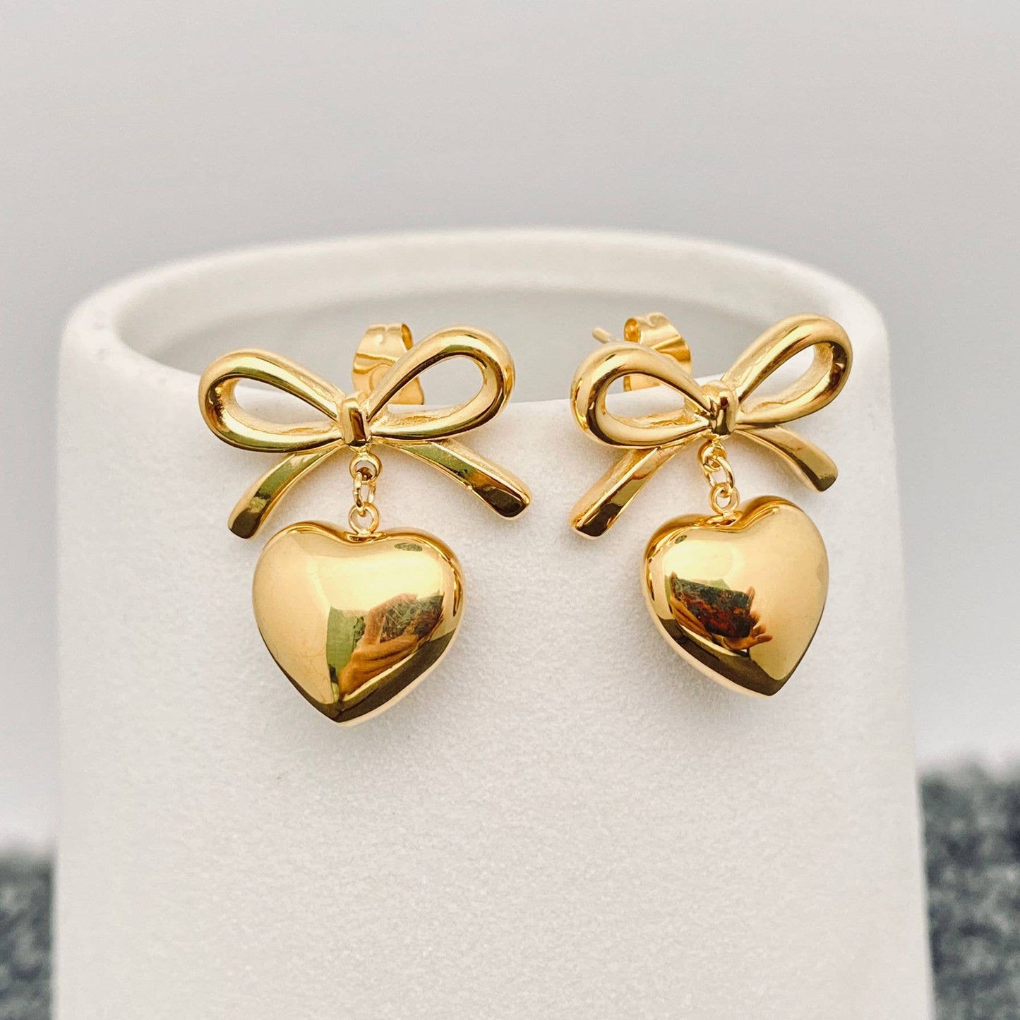 Non Tarnish! 18K Gold Plated Heart bow earrings