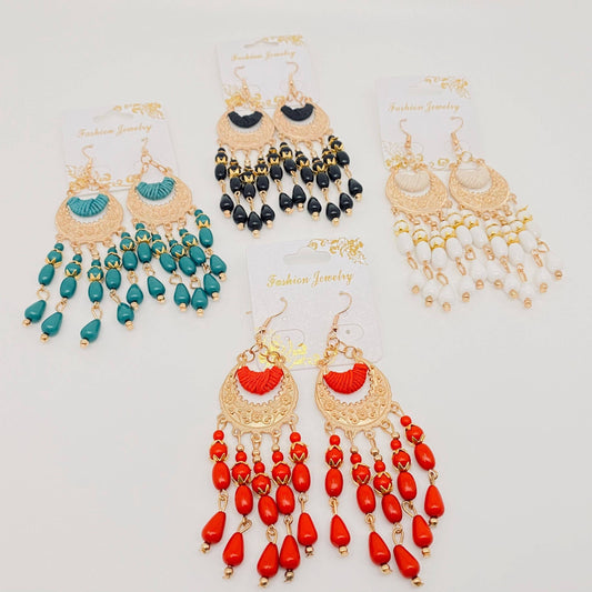 Beaded Tassel Crescent Earrings