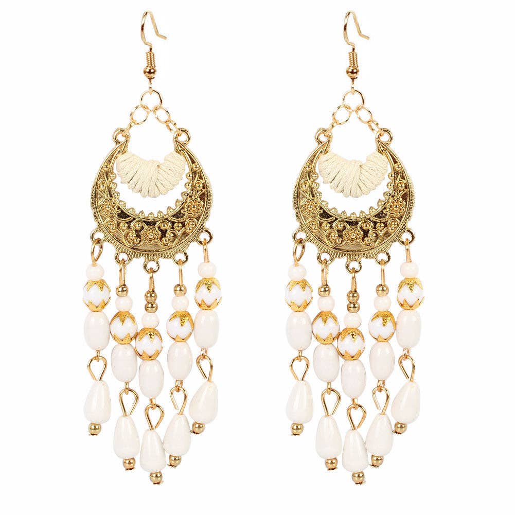 Beaded Tassel Crescent Earrings