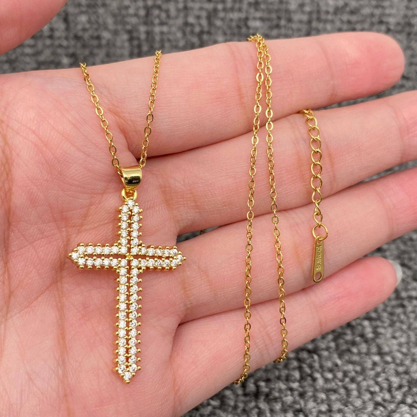 Multi Style Rhinestone & CZ Cross Charm Golden Necklace