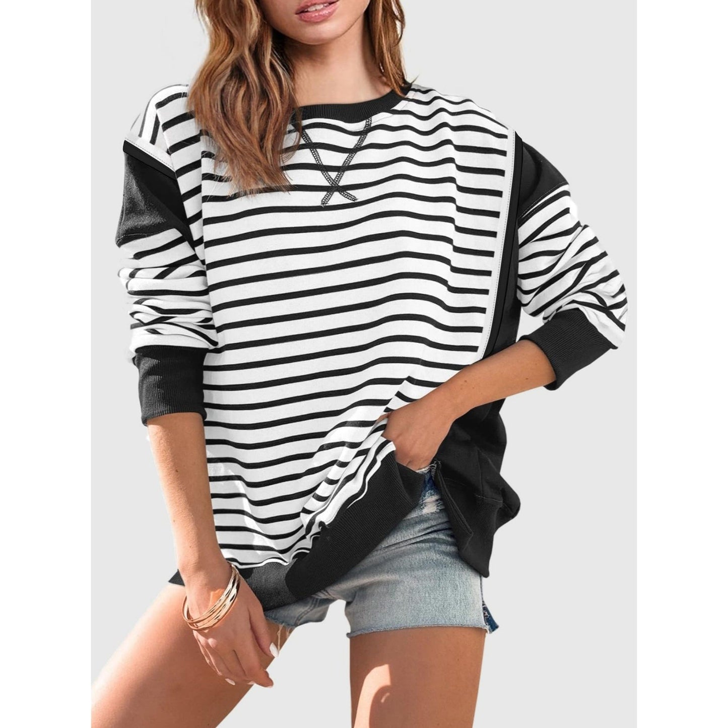 Slit Exposed Seam Striped Long Sleeve Sweatshirt