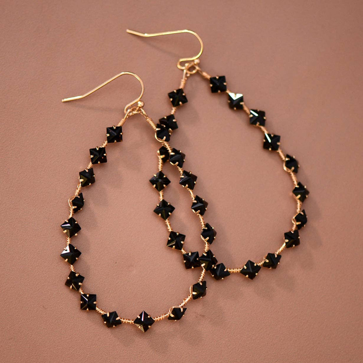 Black Crystal Wire-Wrapped Teardrop Earrings