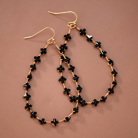 Black Crystal Wire-Wrapped Teardrop Earrings