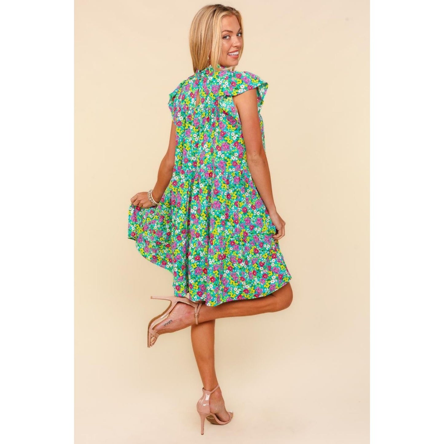 Haptics Frilled Mock Neck Ditsy Floral Dress