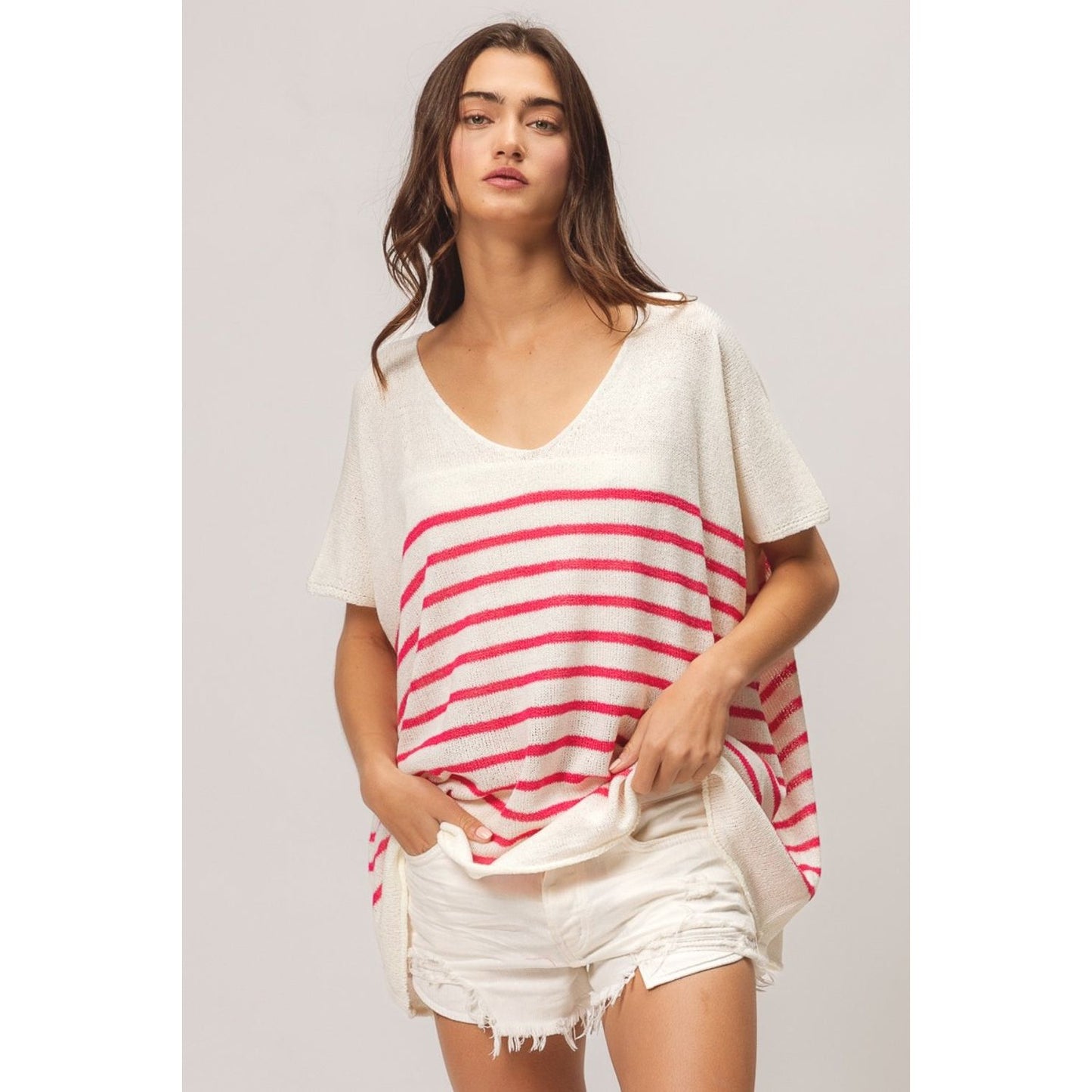 BiBi V Neck Striped Short Sleeve Top