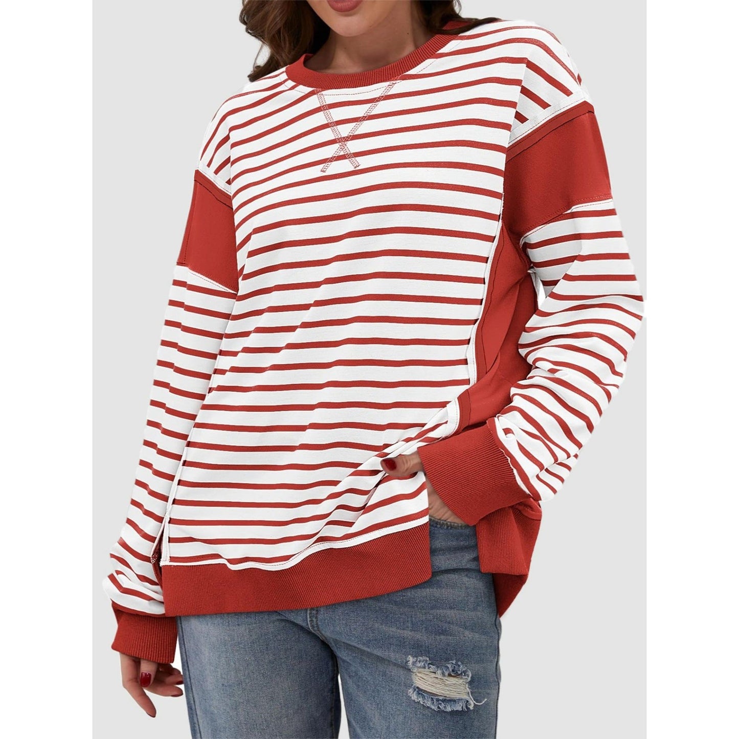 Slit Exposed Seam Striped Long Sleeve Sweatshirt