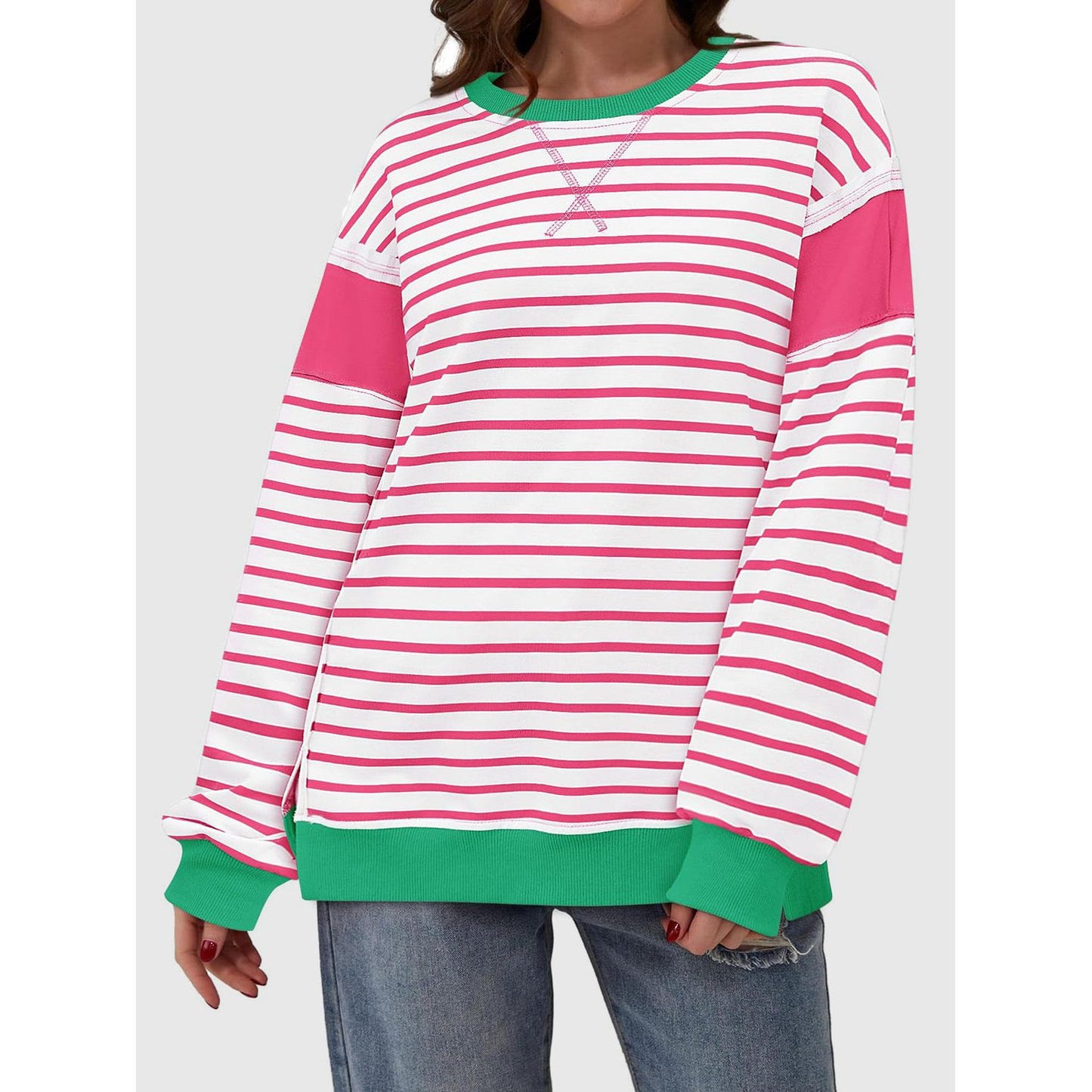 Slit Exposed Seam Striped Long Sleeve Sweatshirt