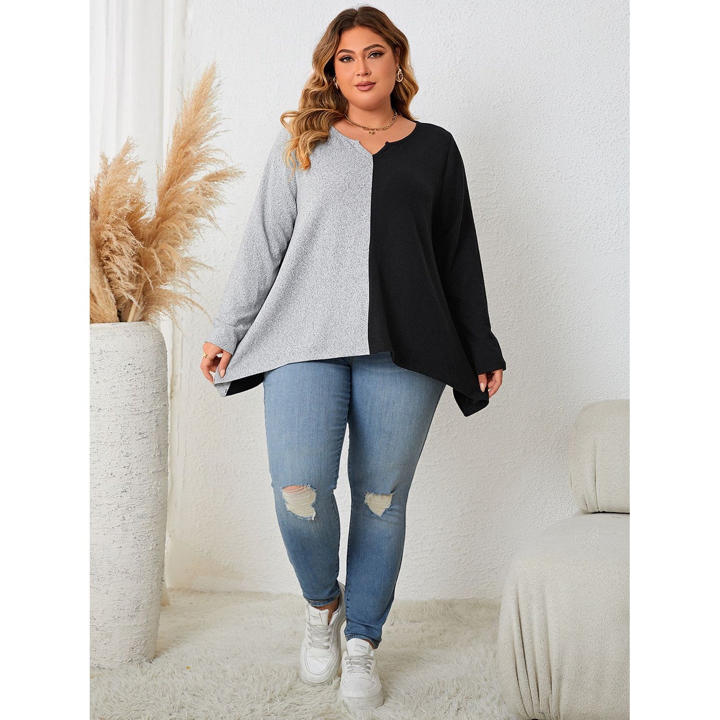 Honey Plus Size Contrast Notched Neck T-Shirt