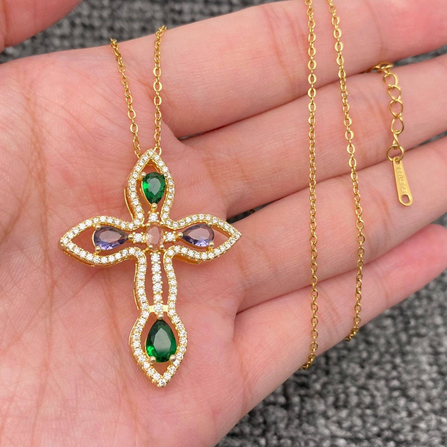 Multi Style Rhinestone & CZ Cross Charm Golden Necklace