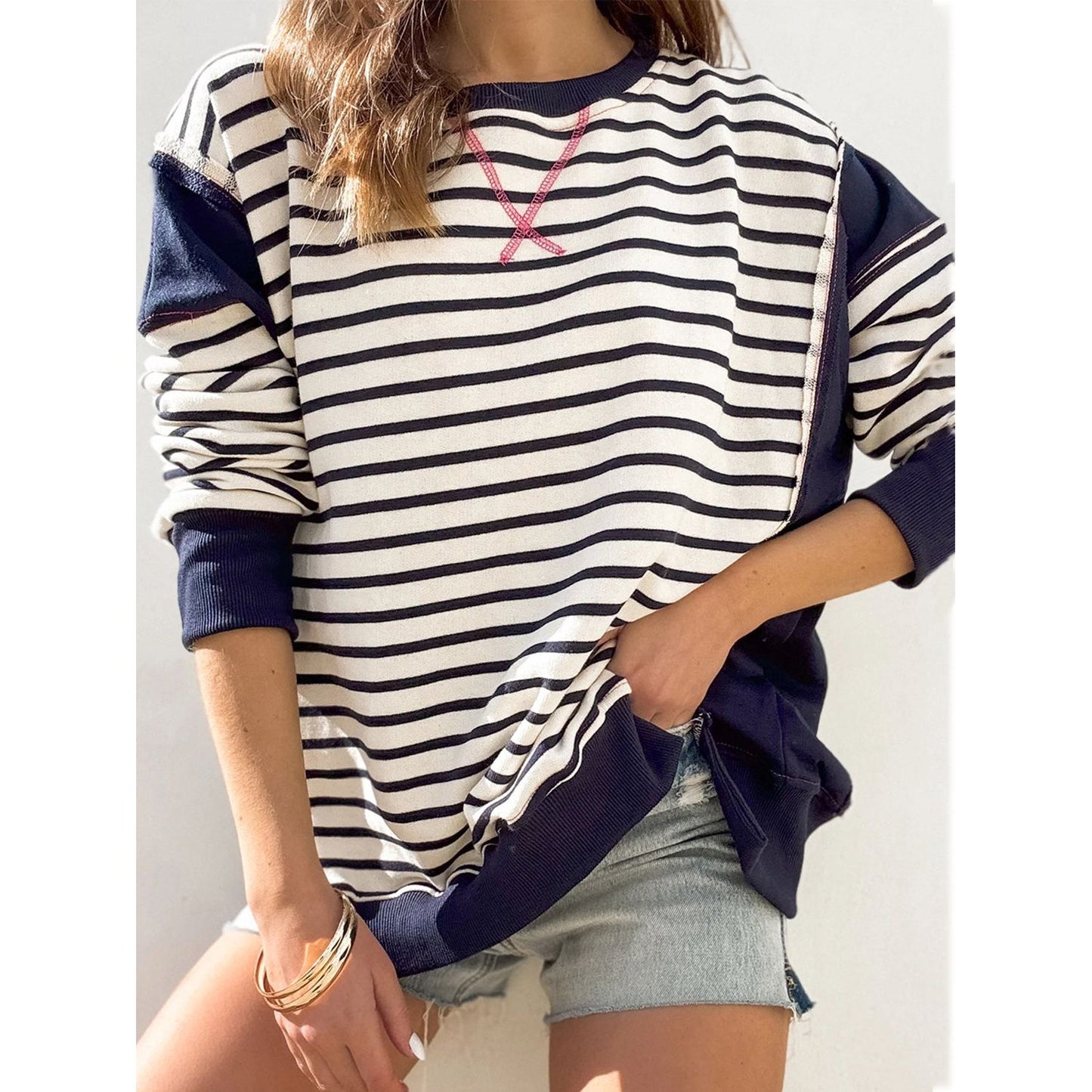 Slit Exposed Seam Striped Long Sleeve Sweatshirt