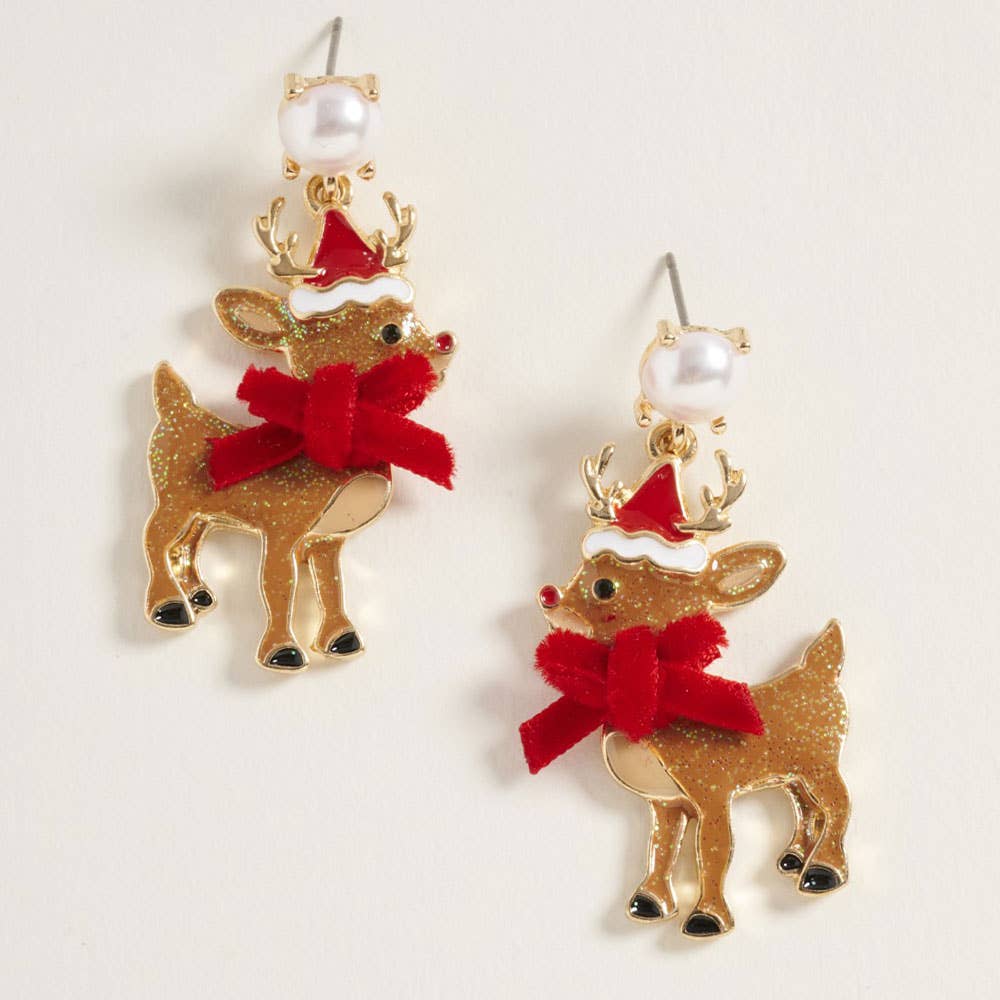 Bow Accent Holiday Reindeer Dangle Earrings