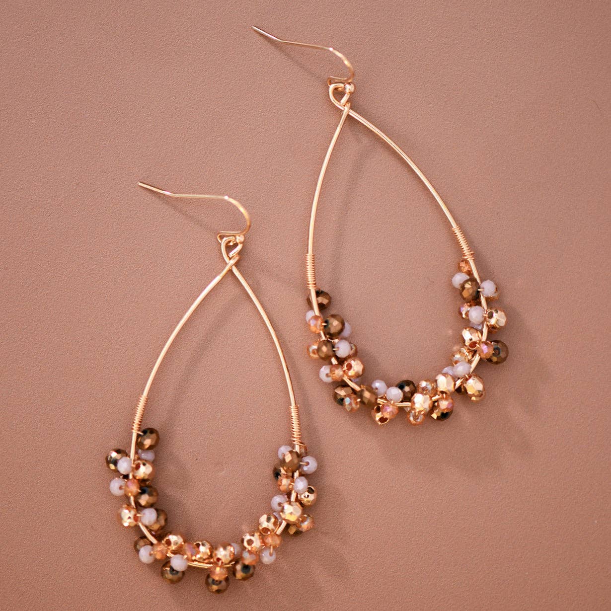 Gold Plated Wire Wrapped Beaded Teardrop Earrings