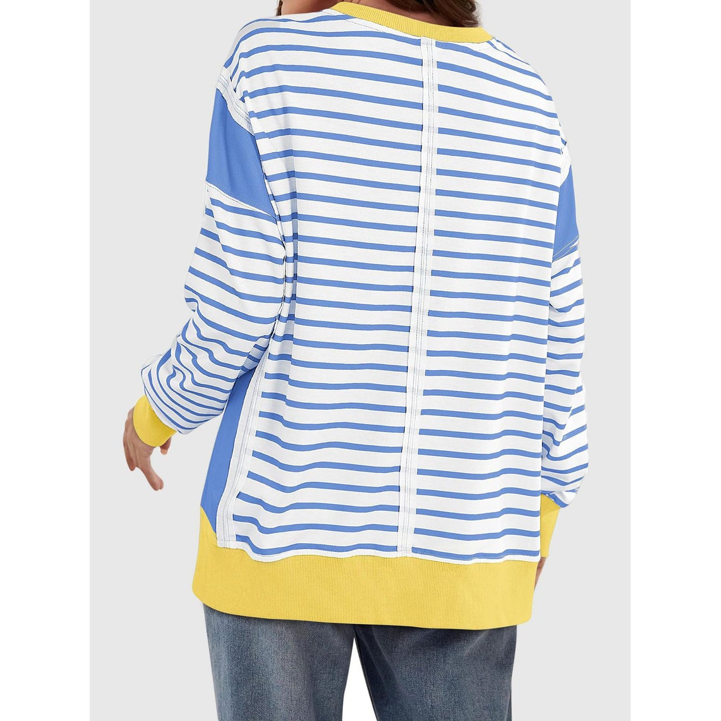 Slit Exposed Seam Striped Long Sleeve Sweatshirt