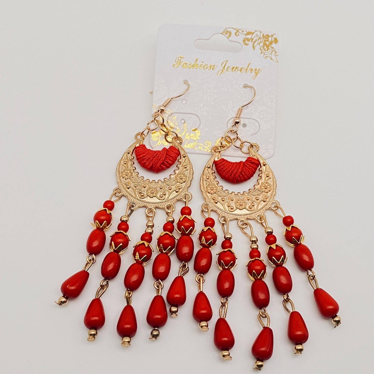 Beaded Tassel Crescent Earrings