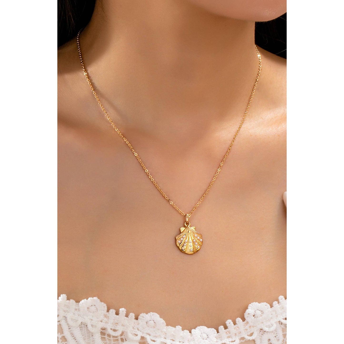 Pearl-Accented Shell Pendant Necklace