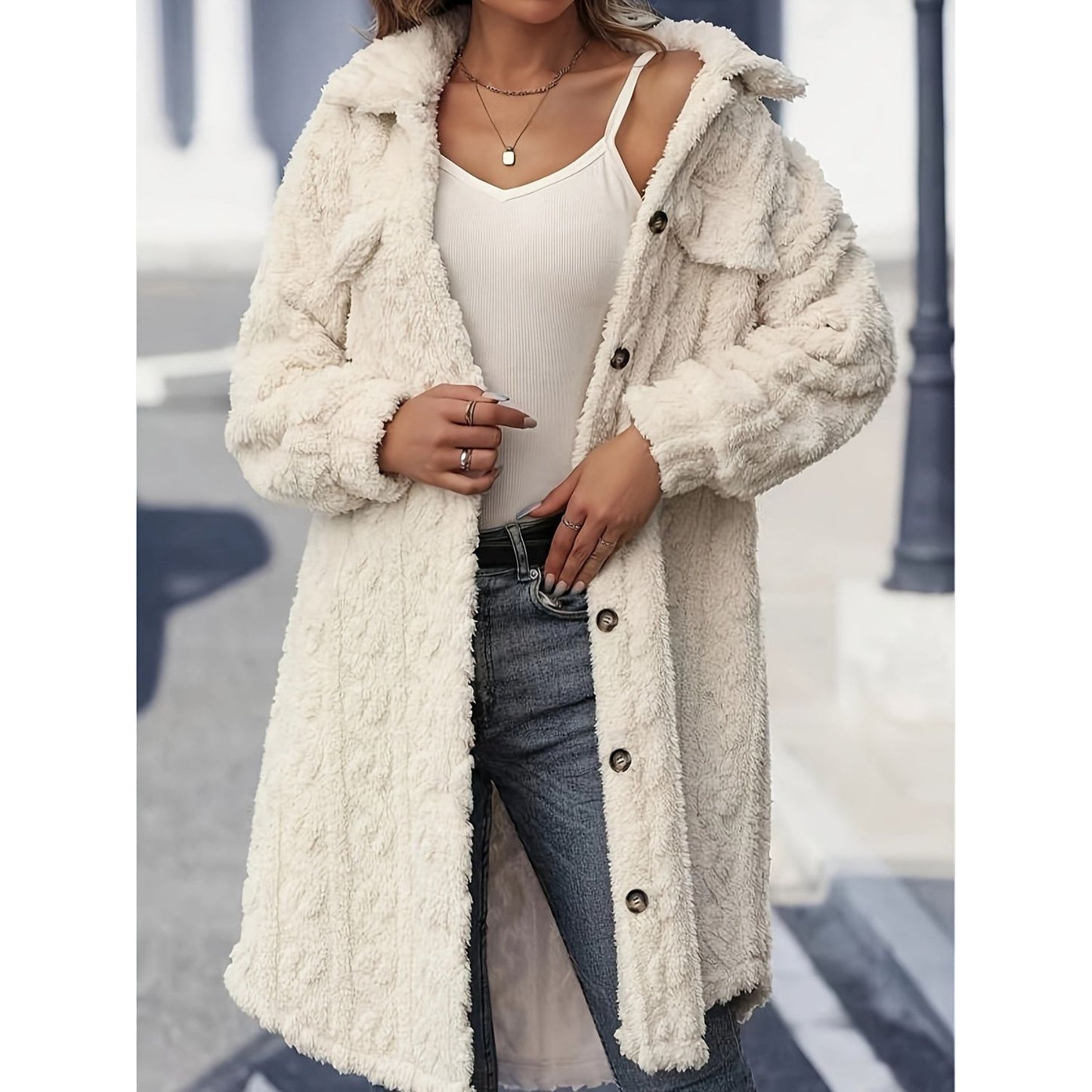 Fuzzy Button Up Long Sleeve Longline Coat