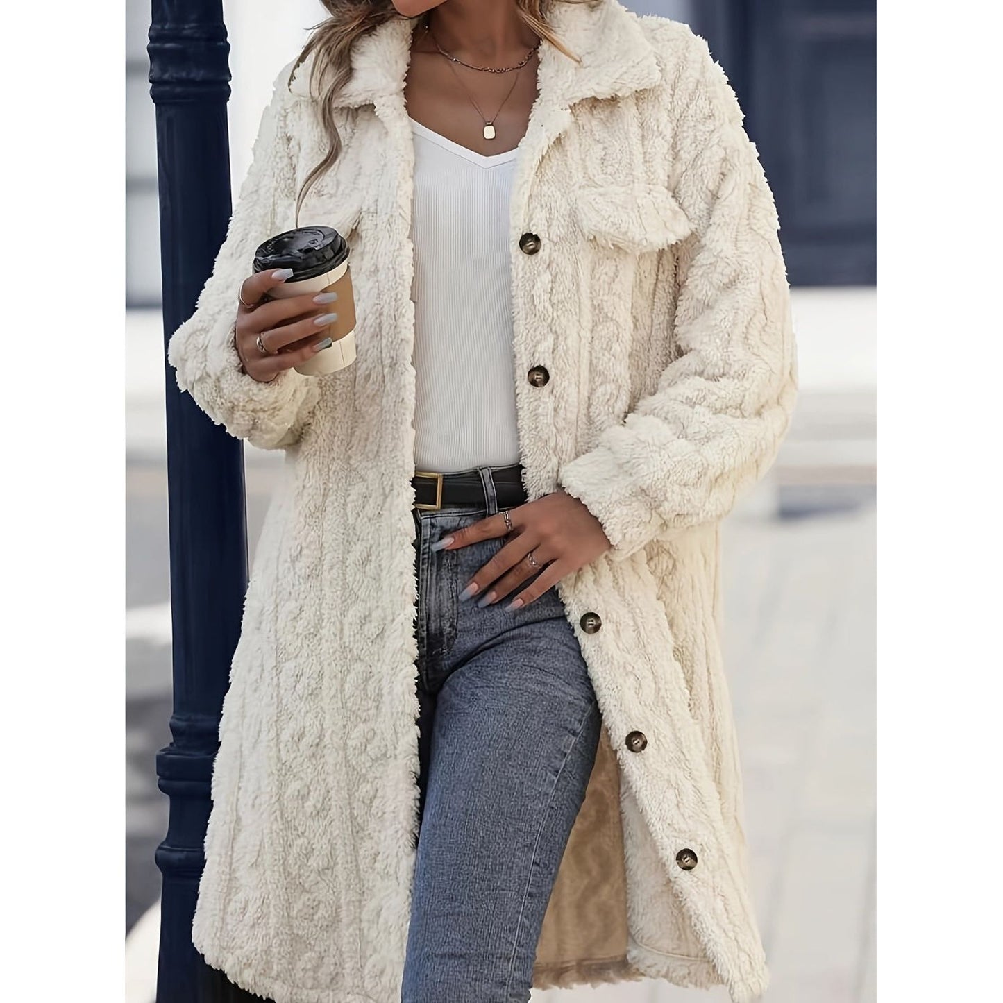 Fuzzy Button Up Long Sleeve Longline Coat