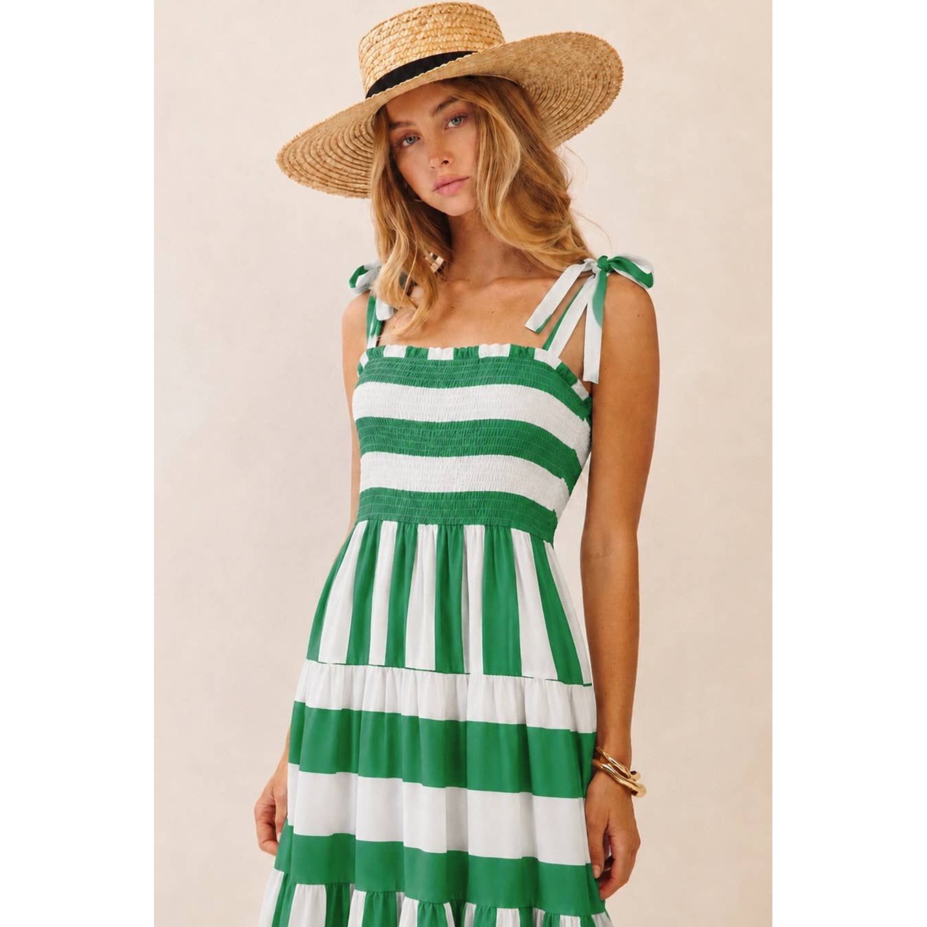 Stripe Tiered Maxi Smocked Top Dress