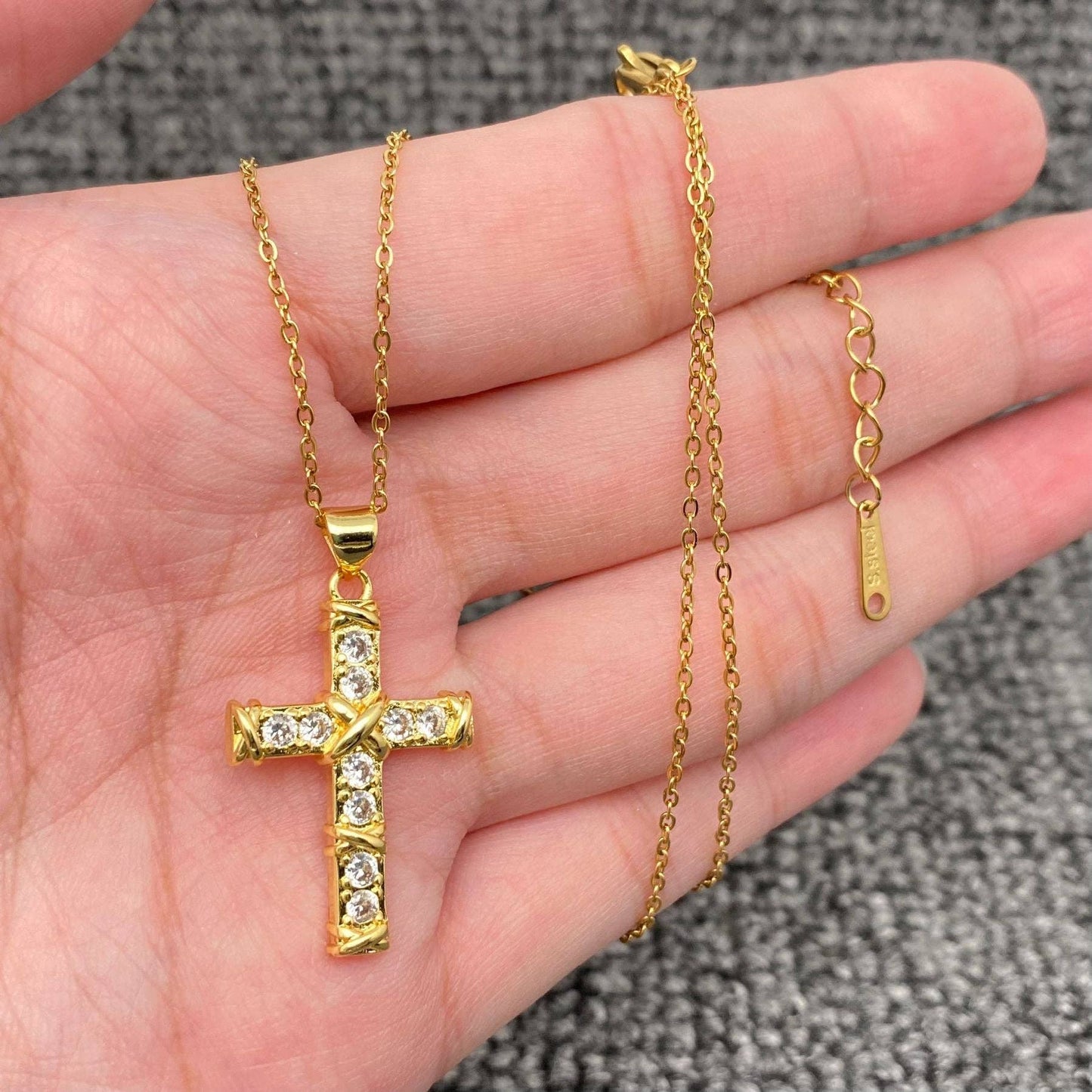 Multi Style Rhinestone & CZ Cross Charm Golden Necklace