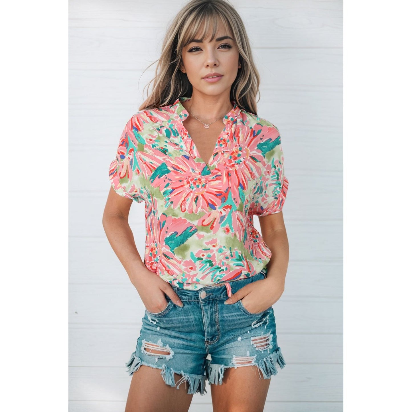 Floral Notched Neck Short Sleeve Top