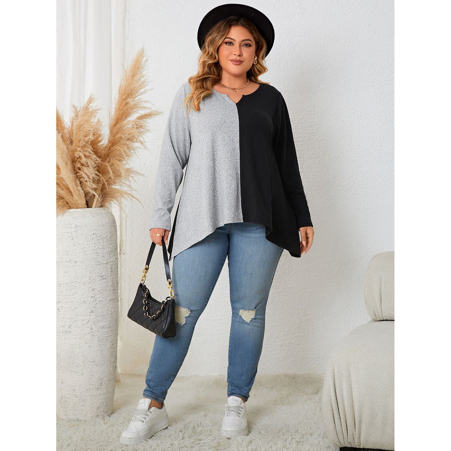 Honey Plus Size Contrast Notched Neck T-Shirt