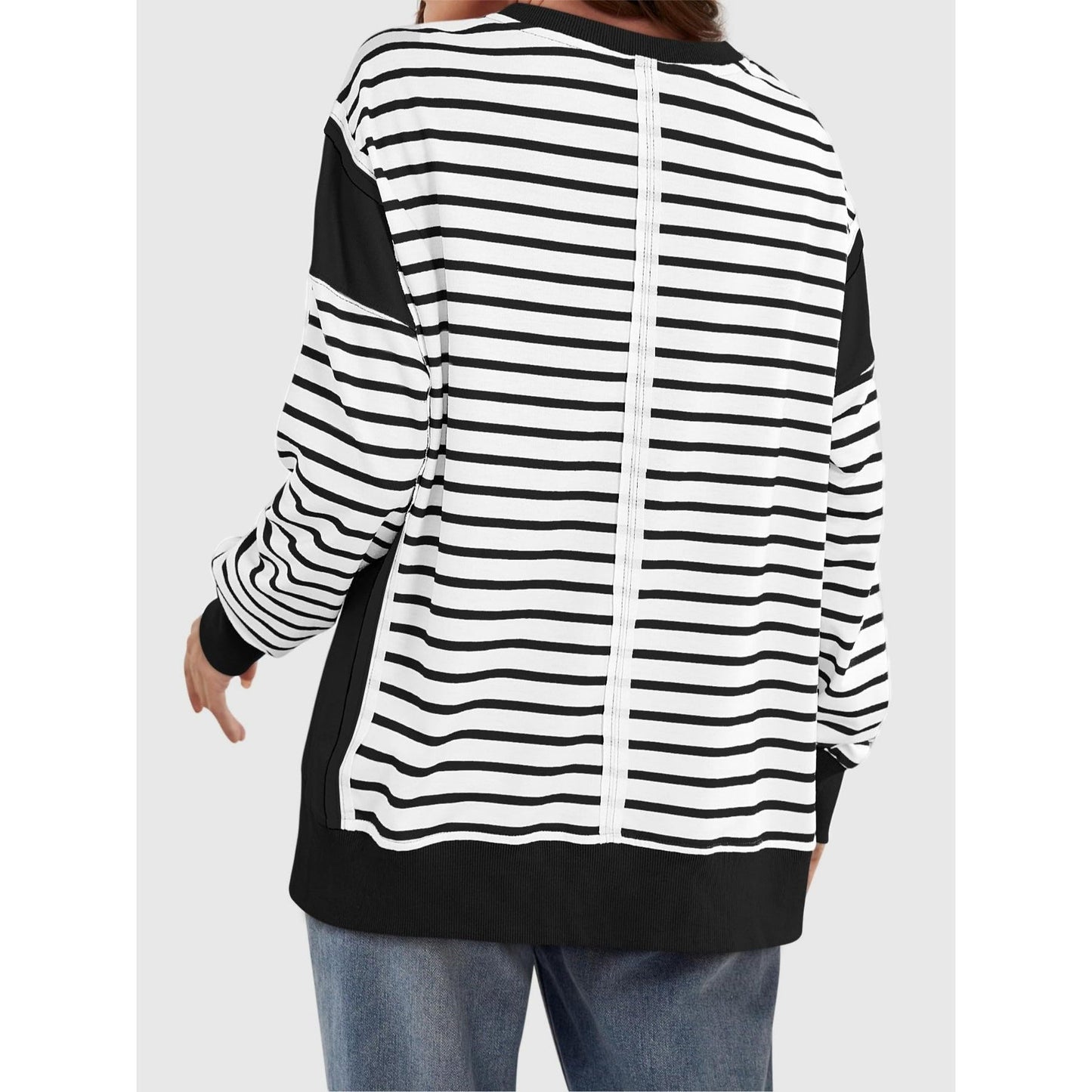 Slit Exposed Seam Striped Long Sleeve Sweatshirt