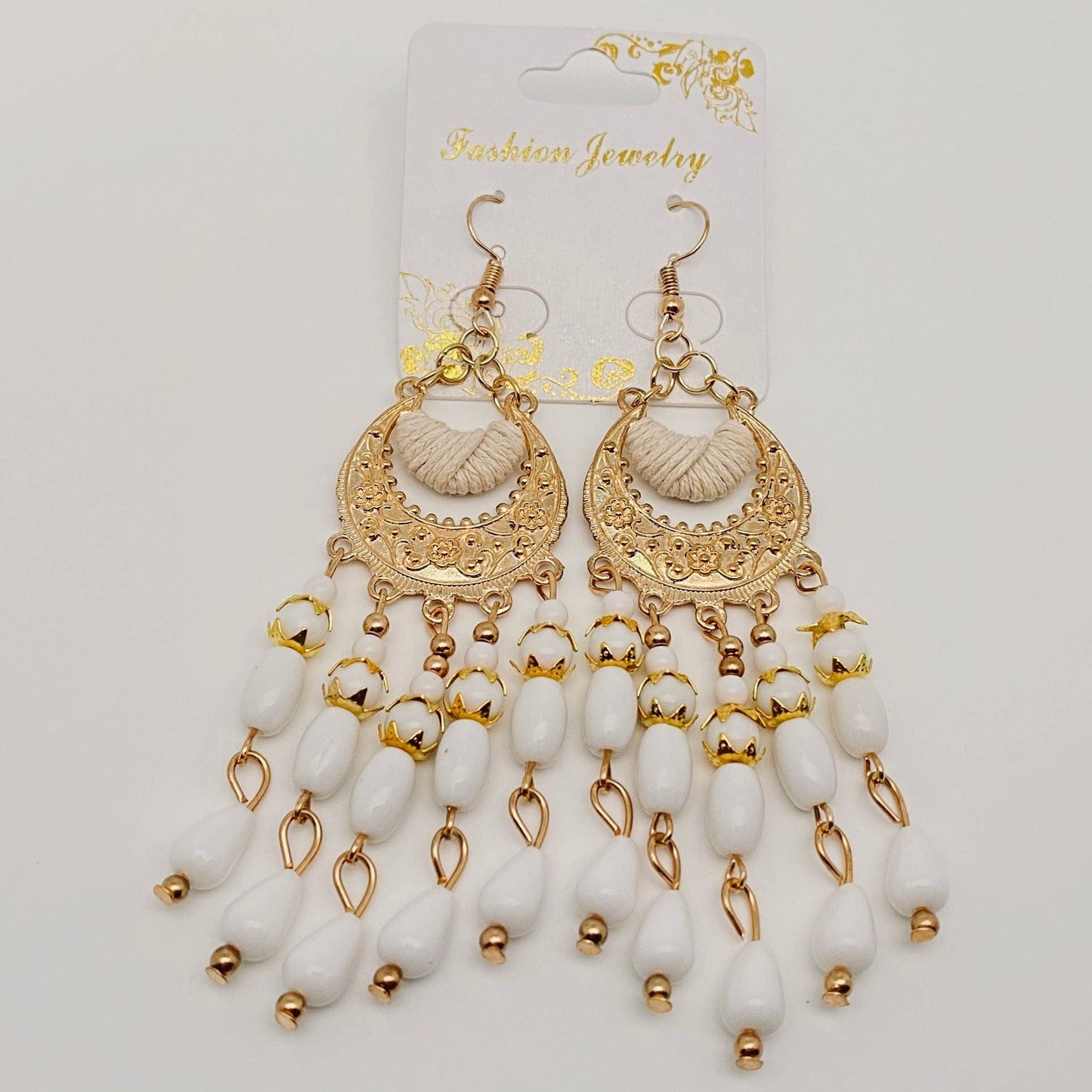 Beaded Tassel Crescent Earrings