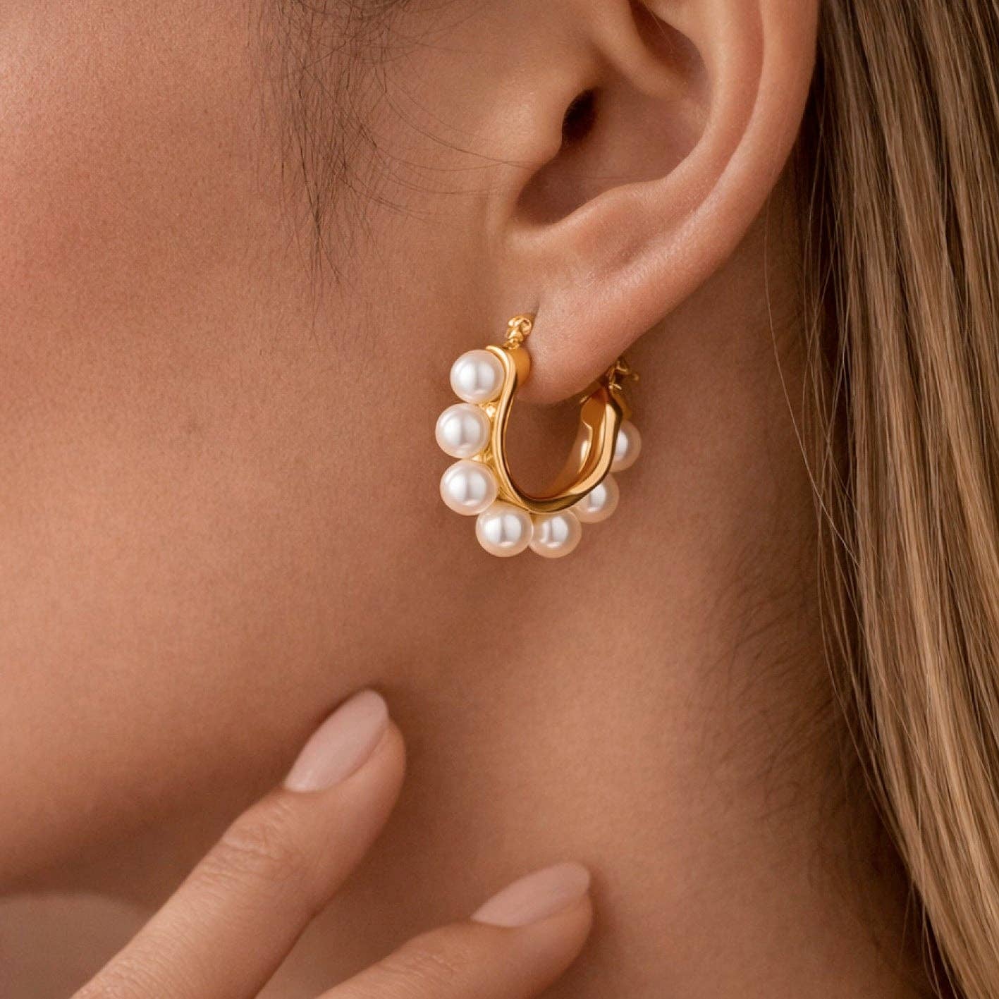 18K Gold Plated Waterproof Pearl Hoop Earrings