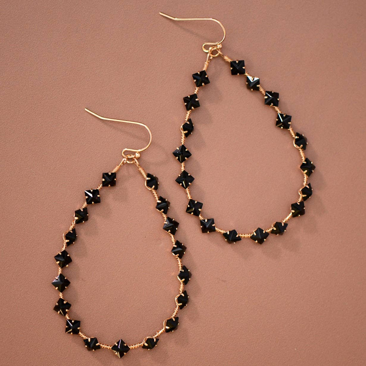 Black Crystal Wire-Wrapped Teardrop Earrings