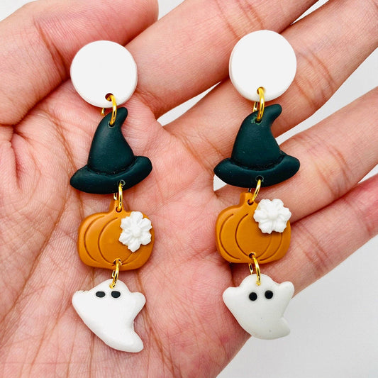 Halloween Hat Pumpkin Ghost Clay Post Earrings