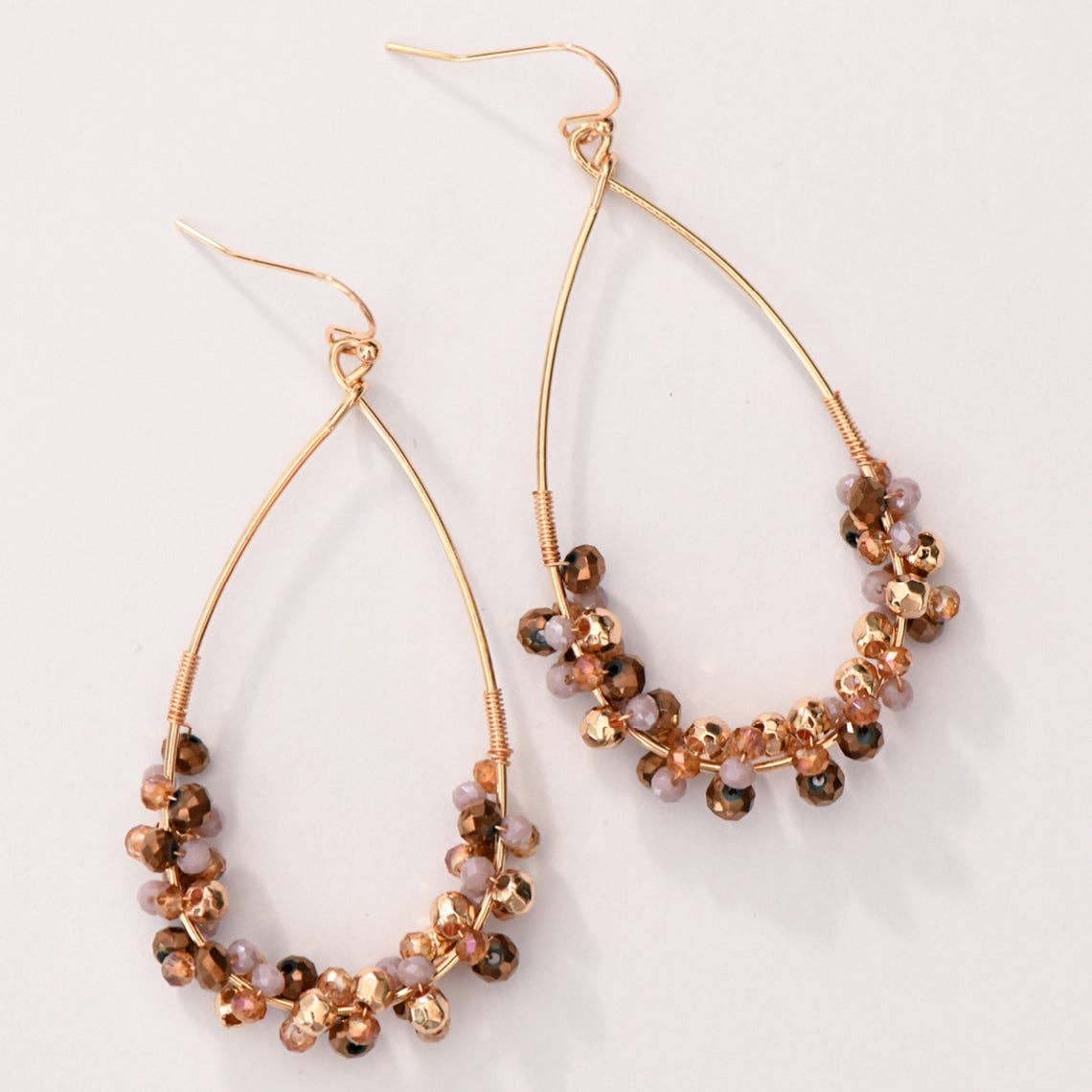 Gold Plated Wire Wrapped Beaded Teardrop Earrings