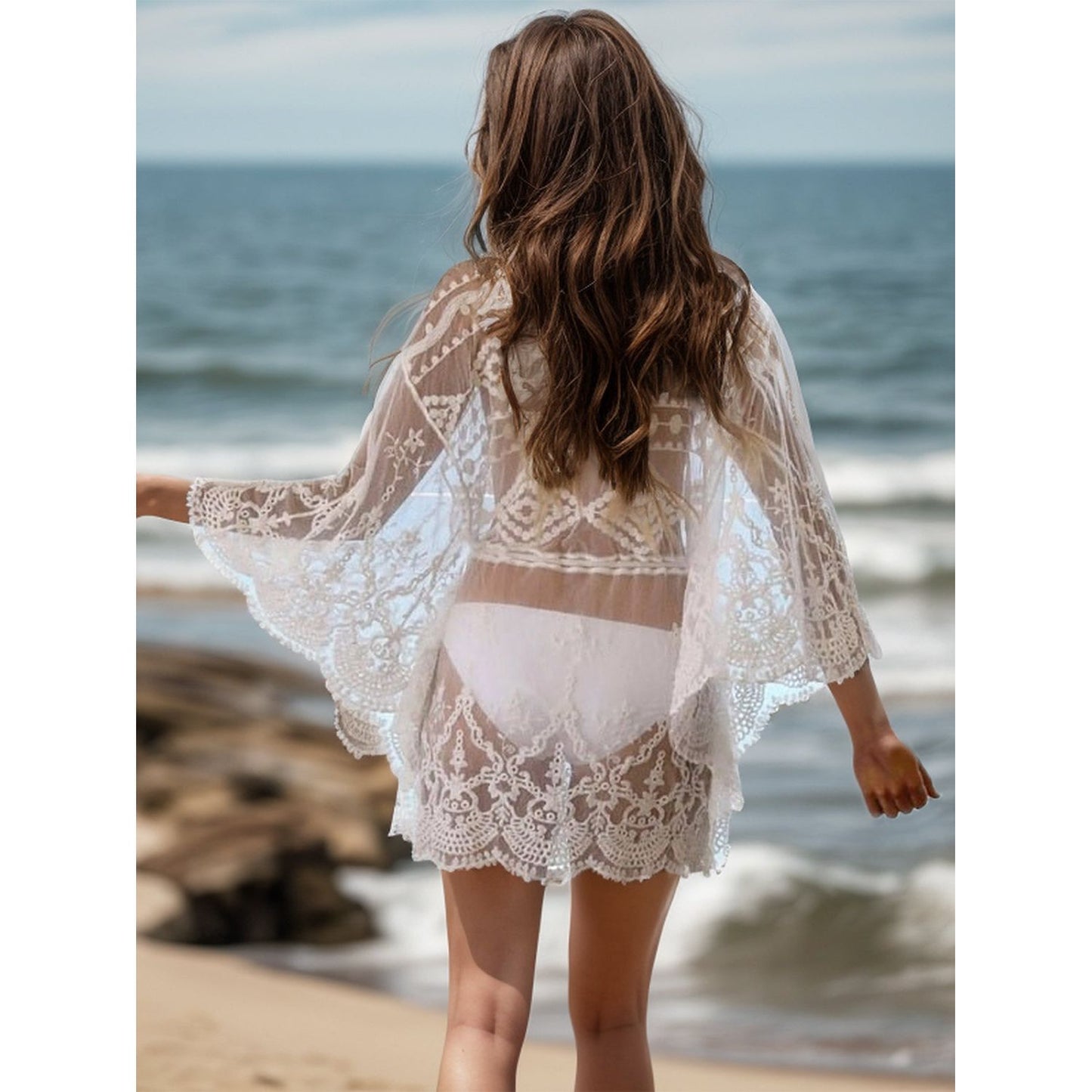 Lace V-Neck Three-Quarter Sleeve Cover Up