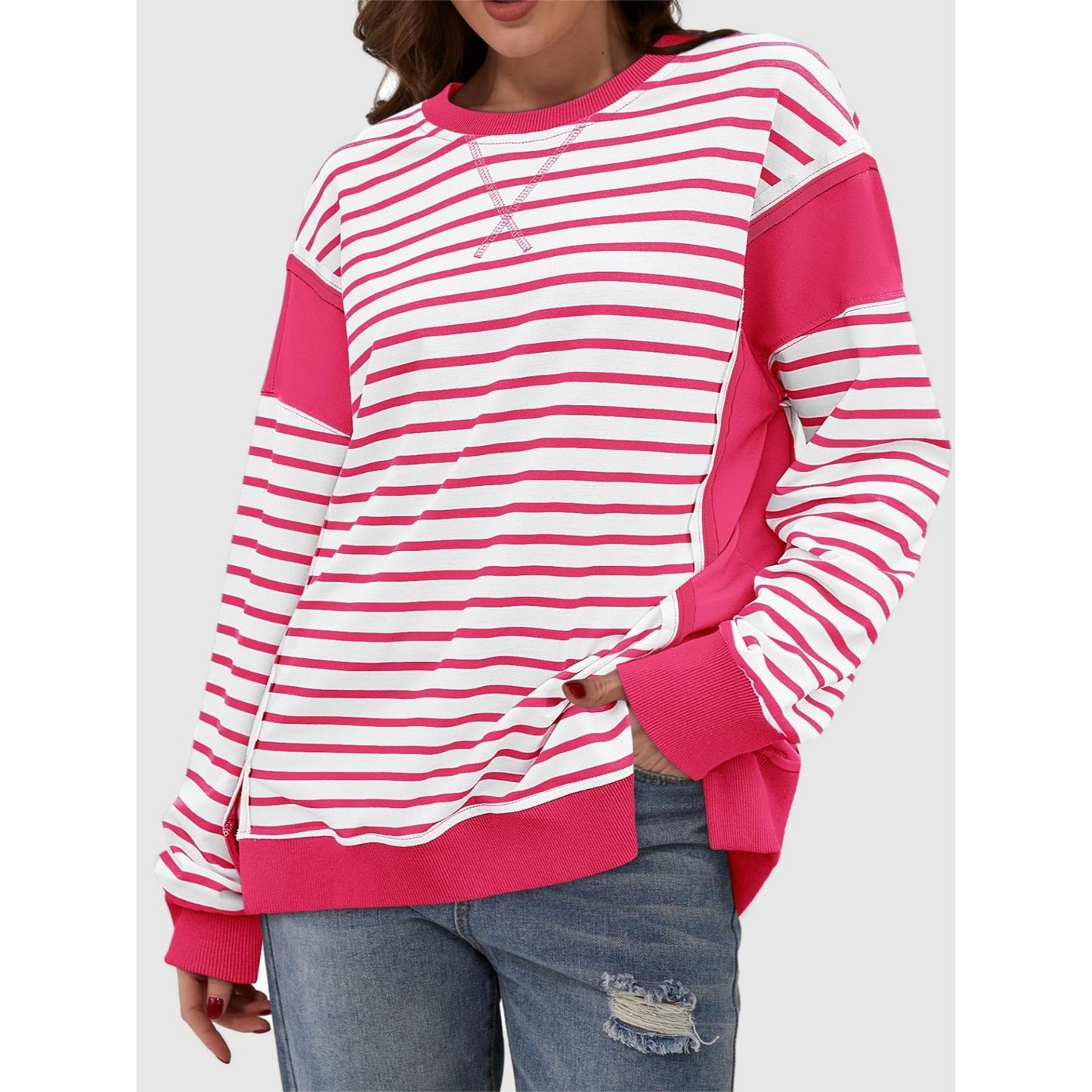 Slit Exposed Seam Striped Long Sleeve Sweatshirt