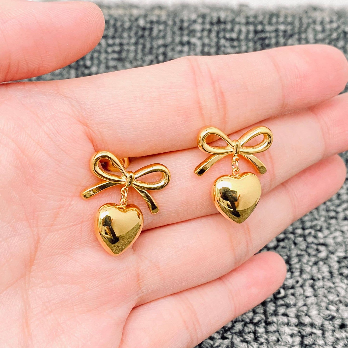 Non Tarnish! 18K Gold Plated Heart bow earrings