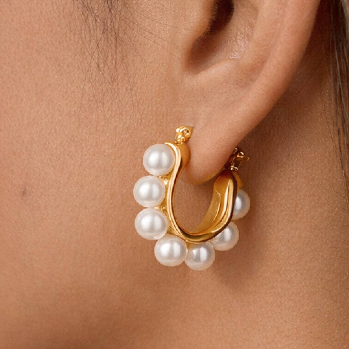 18K Gold Plated Waterproof Pearl Hoop Earrings