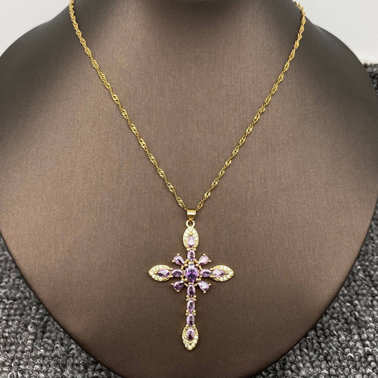 Sparkling Zircon Cross Charm Gold Plated Necklace