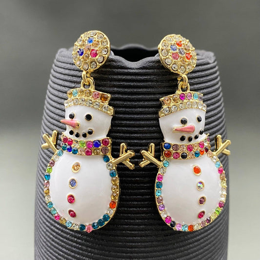 Rhinestone Inlaid Enamel Christmas Snowman Dangle Earrings
