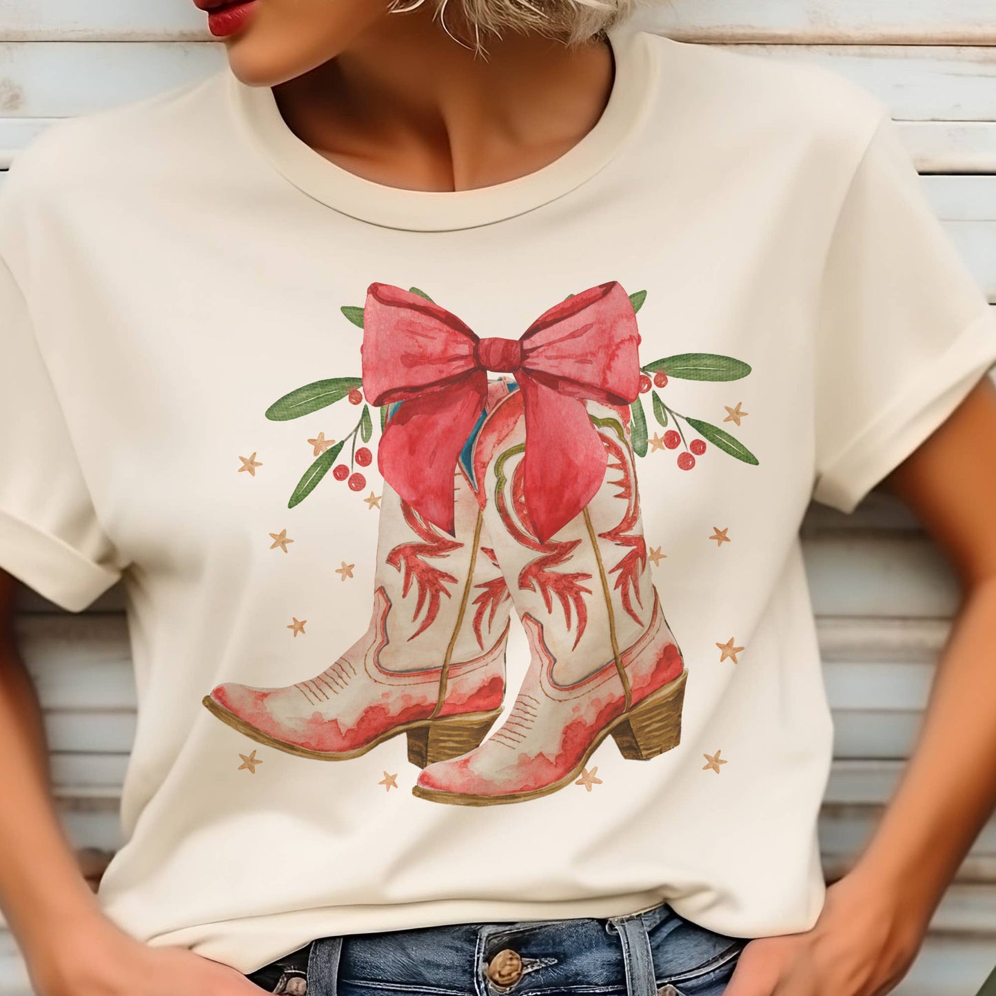 Country Christmas Boots and Bow Tee Nashville Christmas Tee