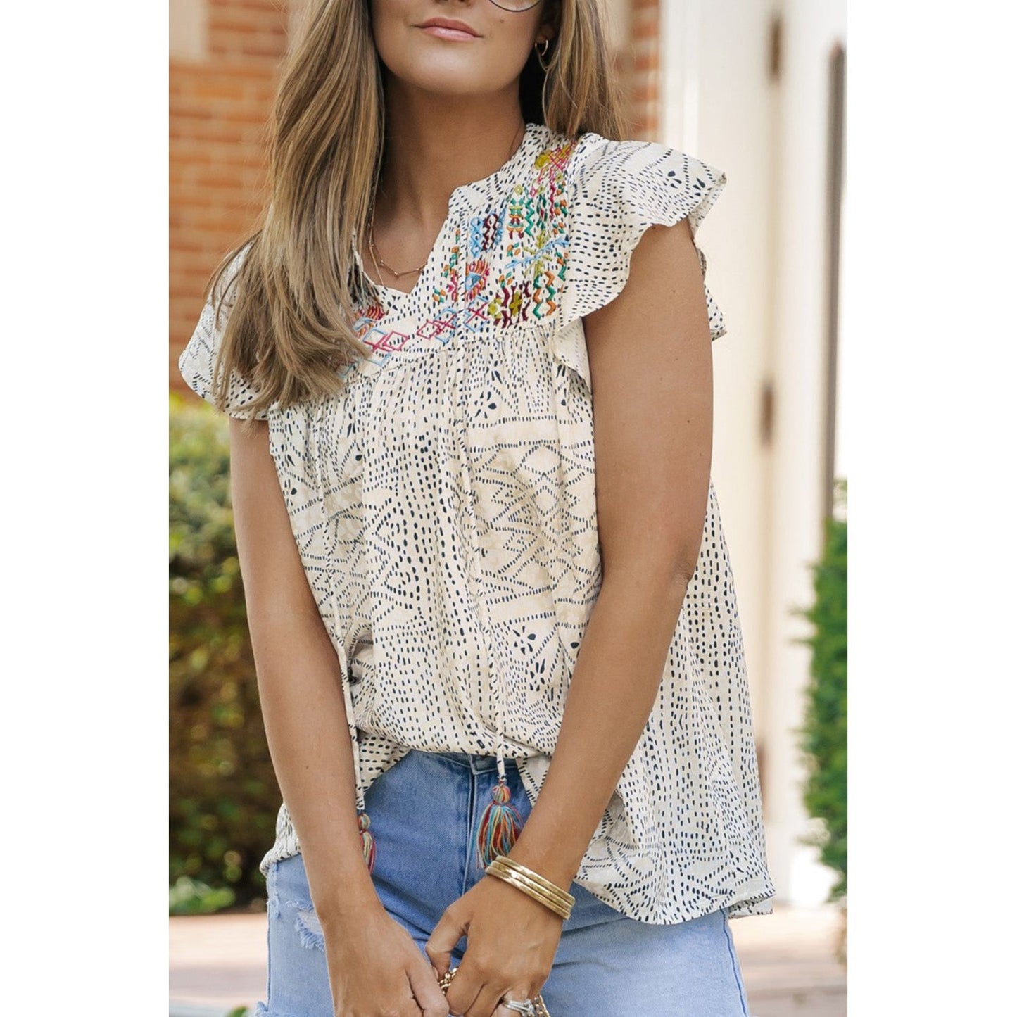 Embroidered Printed Flutter Sleeve Blouse