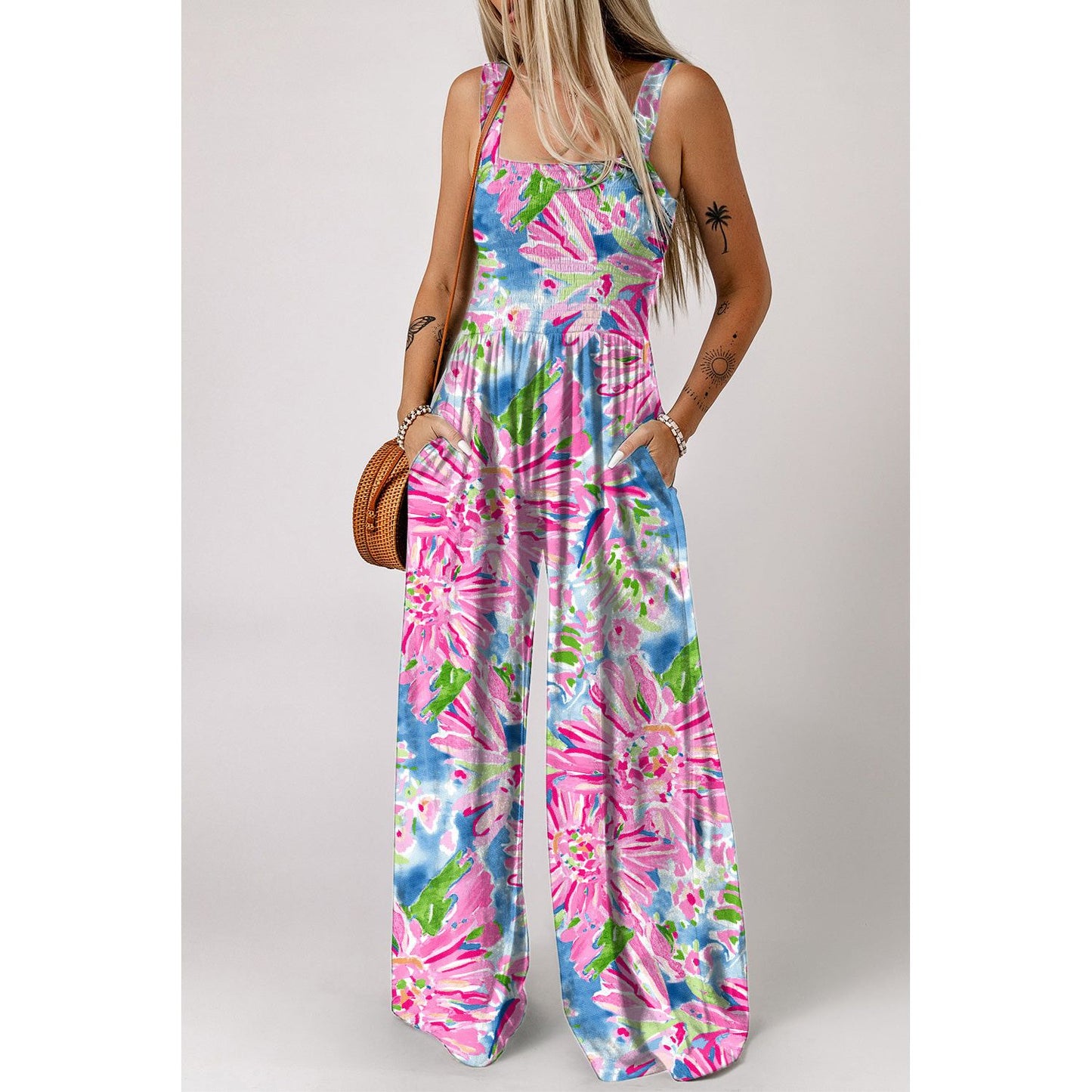 Floral Smocked Square Neck Jumpsuit with Pockets