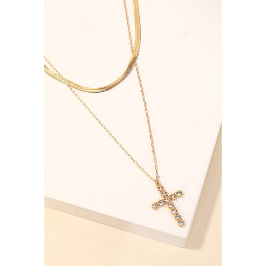 Studded Cross Pendant Layered Chain Necklace