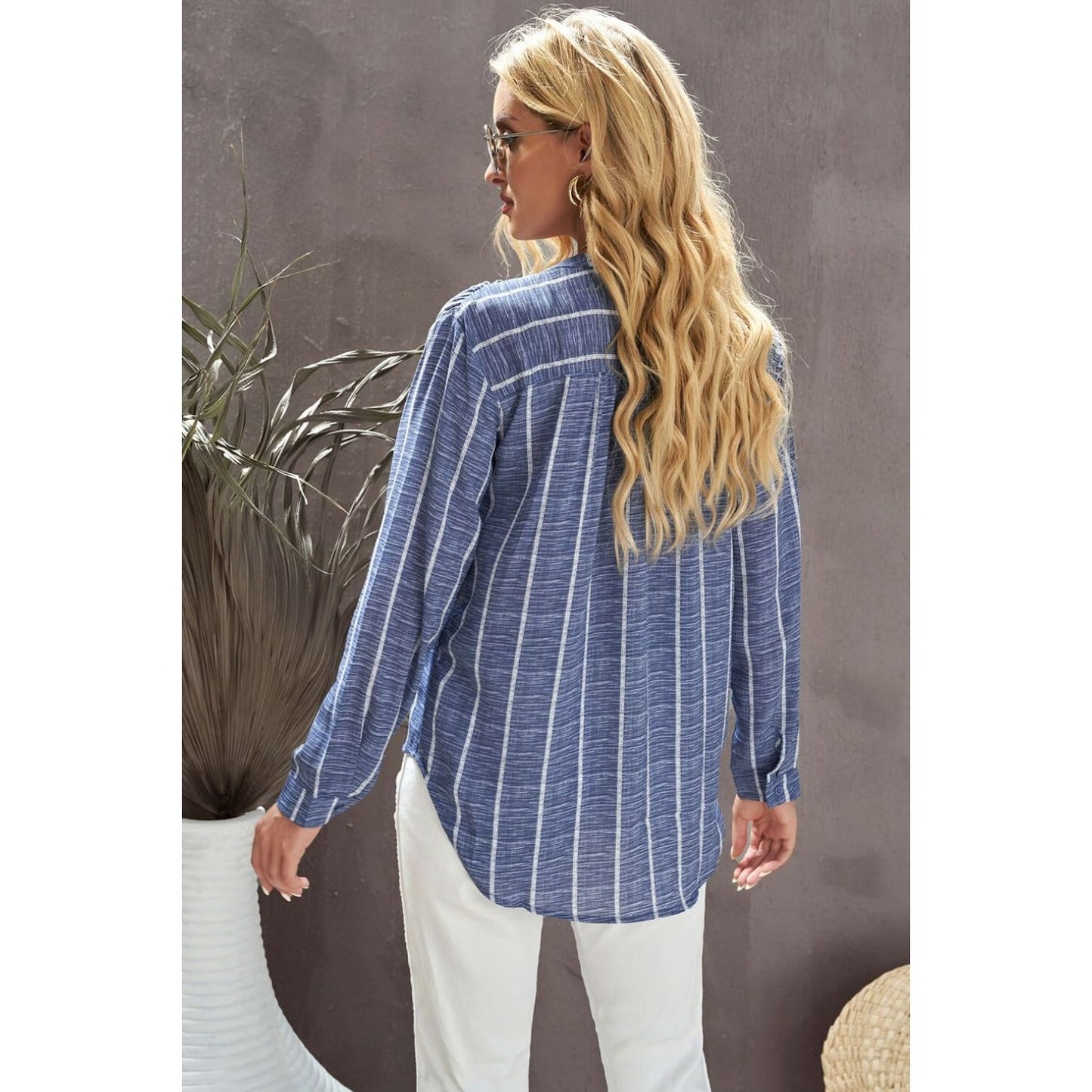 Striped V-Neck High-Low Shirt with Breast Pocket
