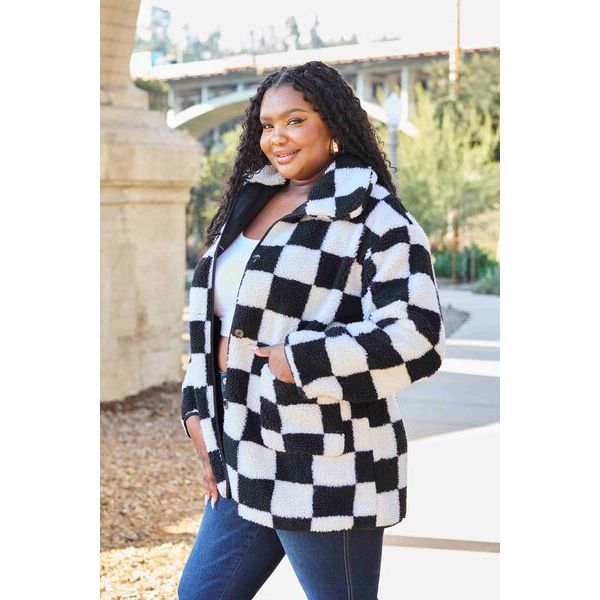 Double Take Full Size Checkered Button Front Coat with Pockets