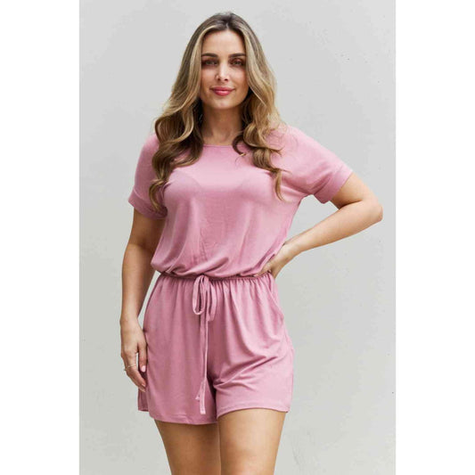 Zenana Chilled Out Full Size Short Sleeve Romper in Light Carnation Pink