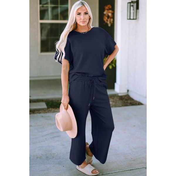 Double Take Full Size Texture Short Sleeve Top and Pants Set