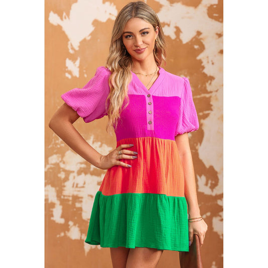 Color Block Buttoned Puff Sleeve Dress