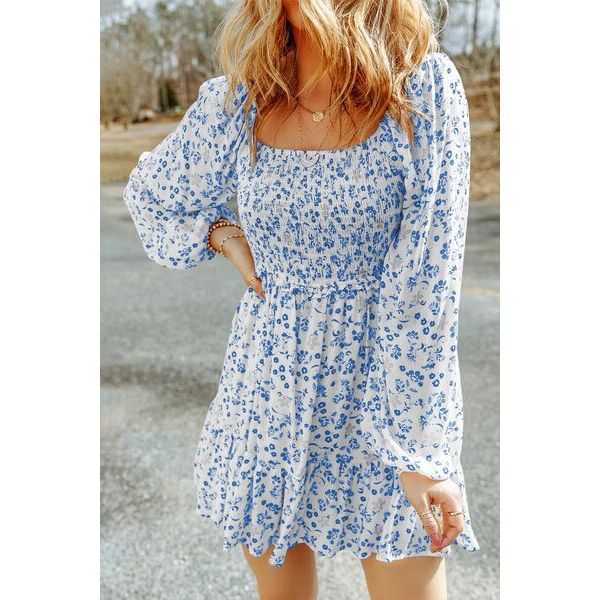 Smocked Floral Square Neck Balloon Sleeve Dress