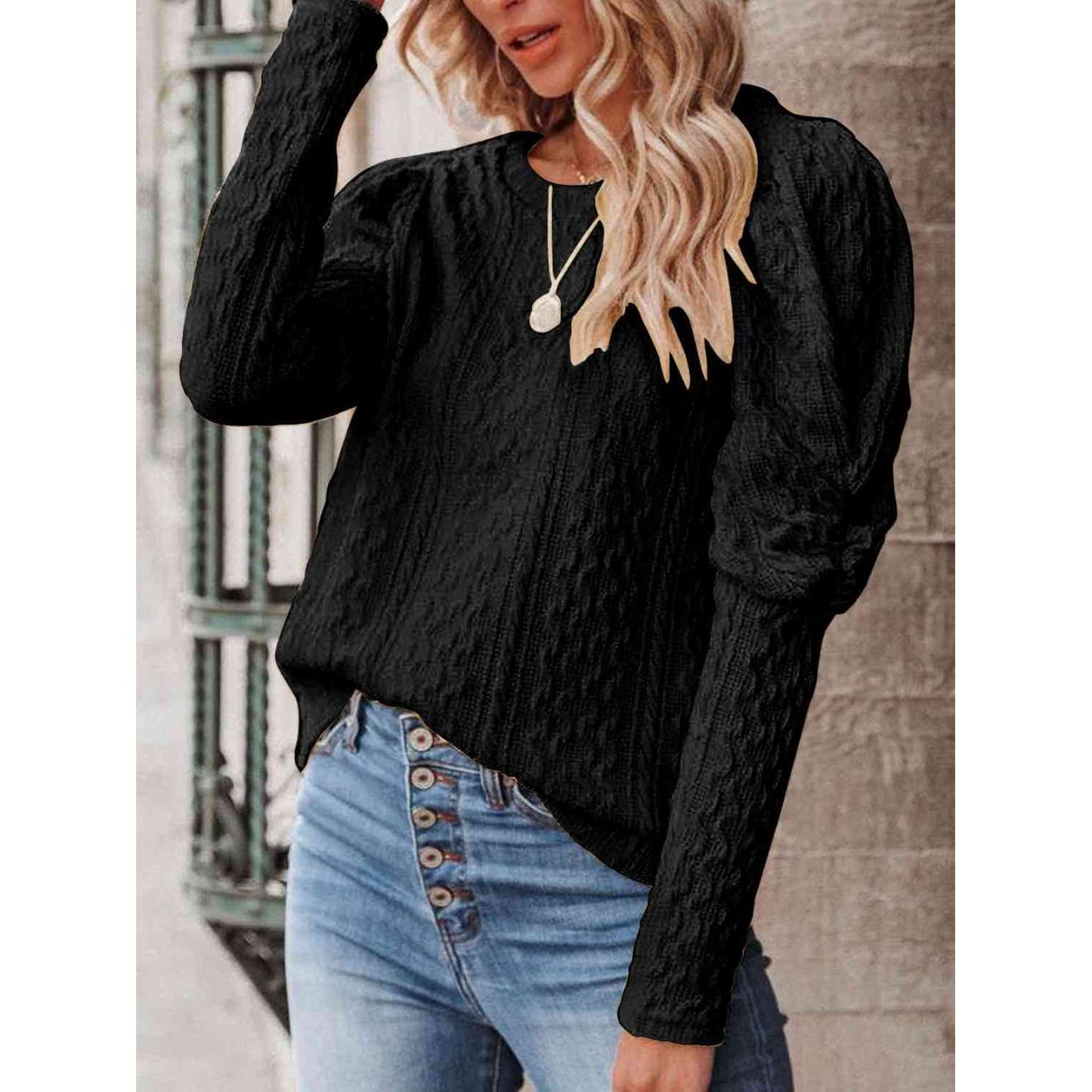 Round Neck Puff Sleeve Knit Top