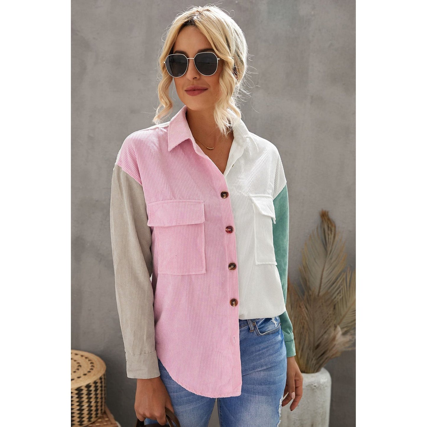 Color Block Button Front Shirt with Pockets