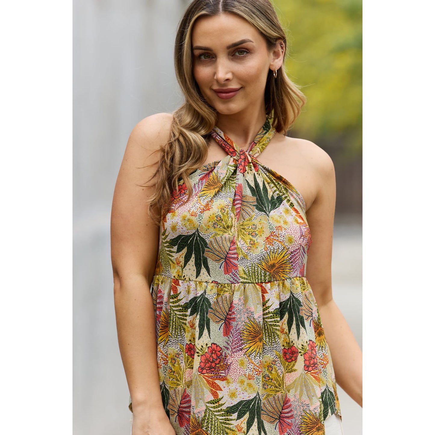 Be Stage Full Size Floral Halter Top in Green